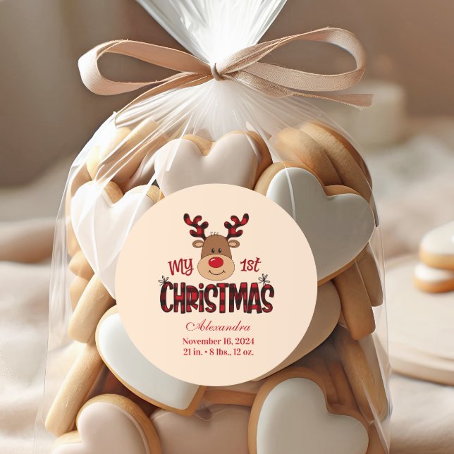 Plaid Reindeer Baby First Christmas Classic Round Sticker (Creator Uploaded)