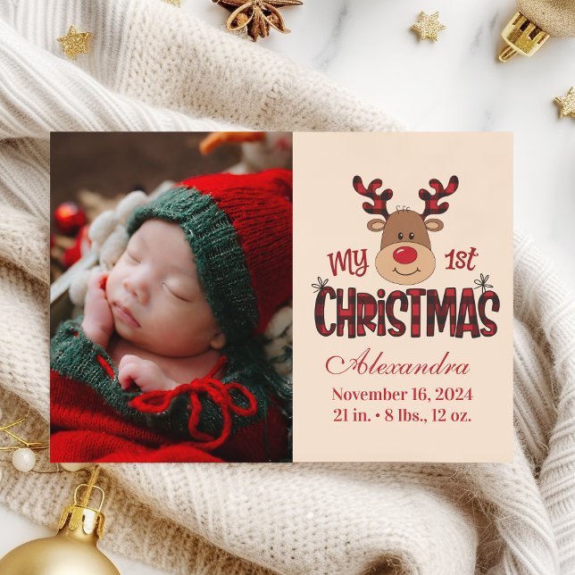 Plaid Reindeer Baby First Christmas Photo  Holiday Card (Creator Uploaded)