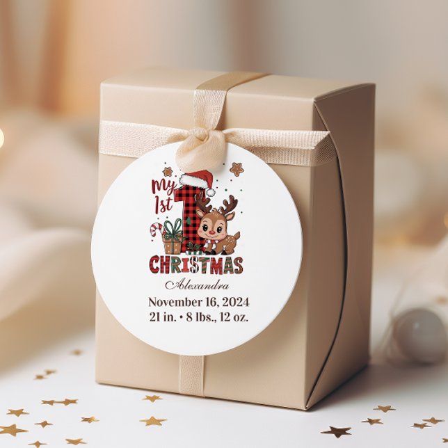 Plaid Reindeer First Christmas Classic Round Sticker (Creator Uploaded)