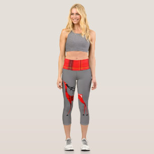 Plaid Reindeer Plaid Waist Grey Capri Leggings