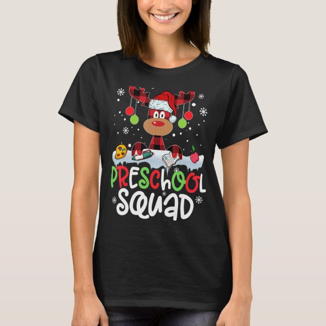 Plaid Reindeer Santa Hat Preschool Squad Teacher C T-Shirt (Front)