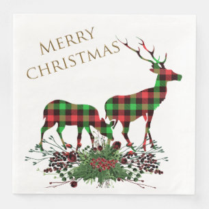 Plaid Reindeers Merry Christmas & Greenery Napkin