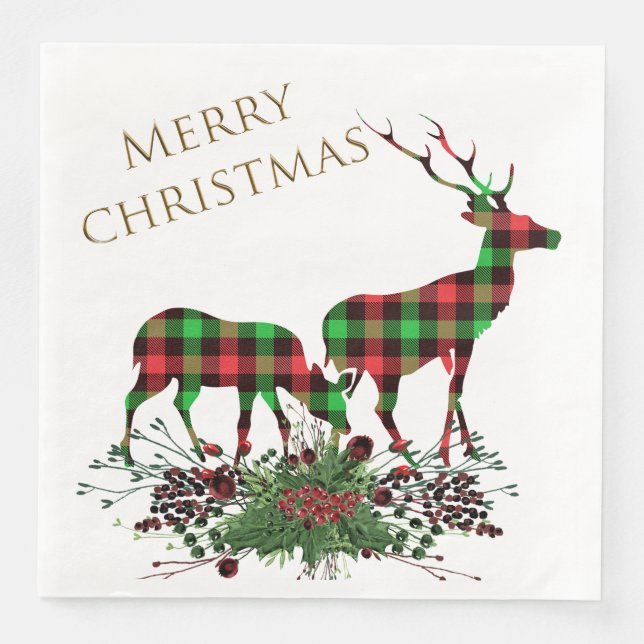Plaid Reindeers Merry Christmas & Greenery Napkin (Front)