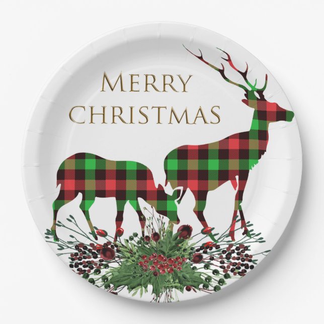 Plaid Reindeers Merry Christmas & Greenery Paper Plate (Front)