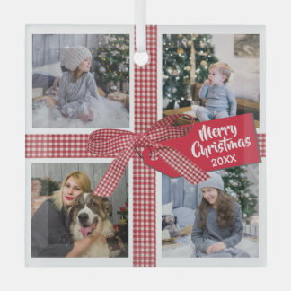 Plaid Ribbon and Bow 4 Photo Collage Christmas Glass Tree Decoration