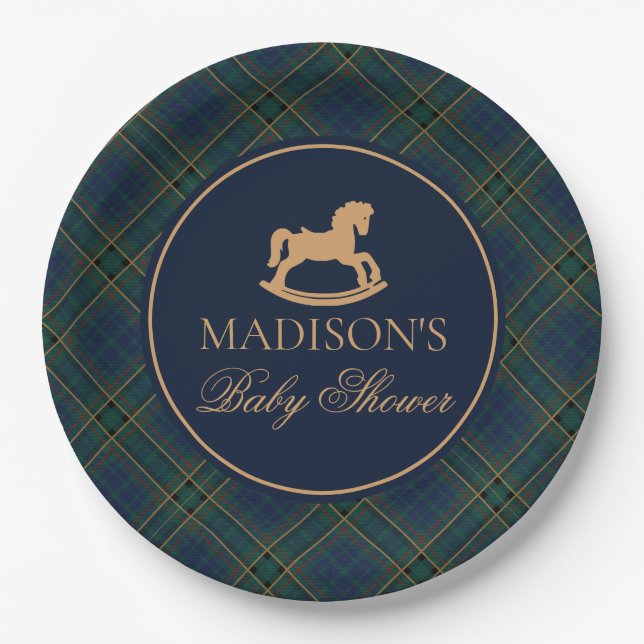 Plaid Rocking Horse Baby Shower Envelope Seal Paper Plate (Front)