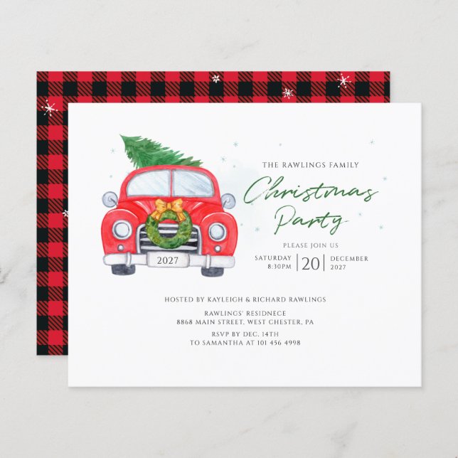 Plaid Rustic Car Christmas Party Invitation (Front/Back)