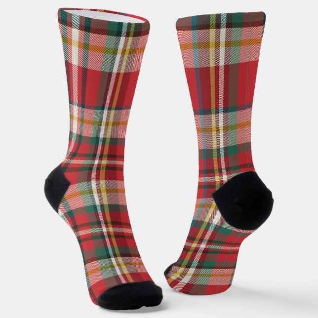 Plaid Rustic Elegant Red Chequered Holiday Socks (Angled)