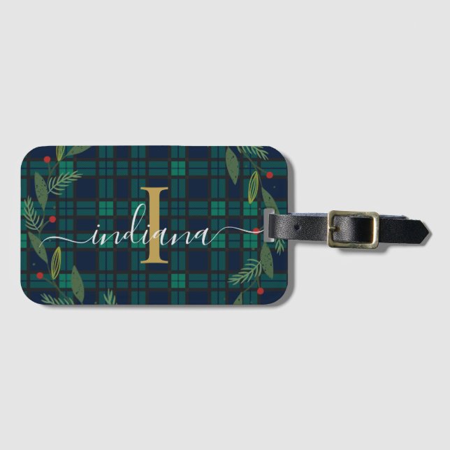 Plaid Rustic Monogram Script Wreath Tartan Luggage Tag (Front Horizontal)