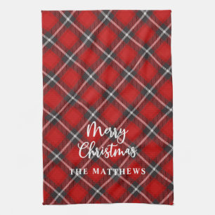 Plaid Rustic Red Black Merry Christmas Tea Towel