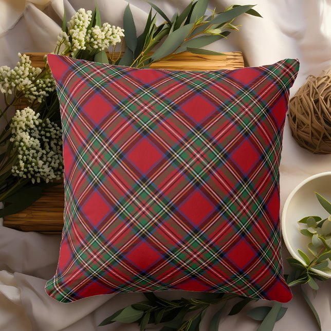 Plaid Rustic Red Green Classic Stewart Tartan Cushion (Rustic Red Green Plaid Stewart Tartan Throw Pillow)