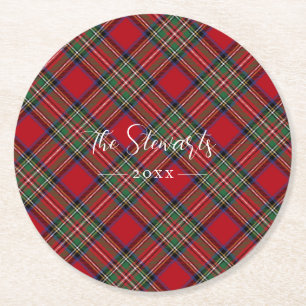 Plaid Rustic Red Green Farmhouse Tartan Round Paper Coaster