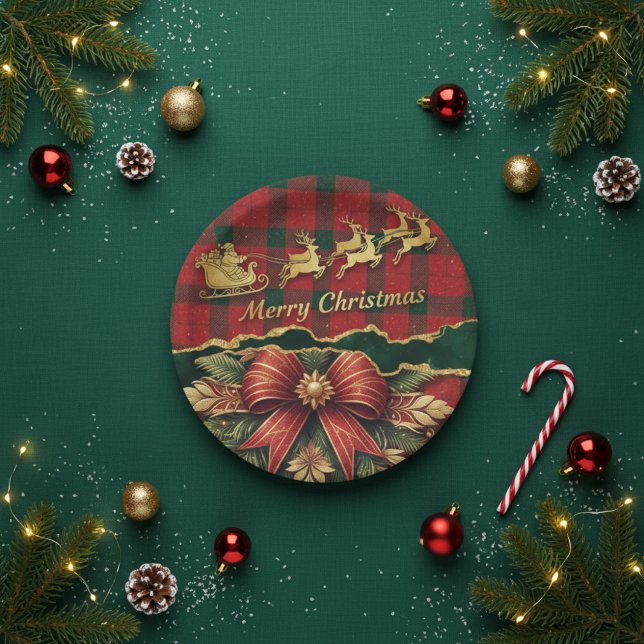 Plaid Santa Sleigh  Wreath Merry Christmas Gold Paper Plate (Creator Uploaded)