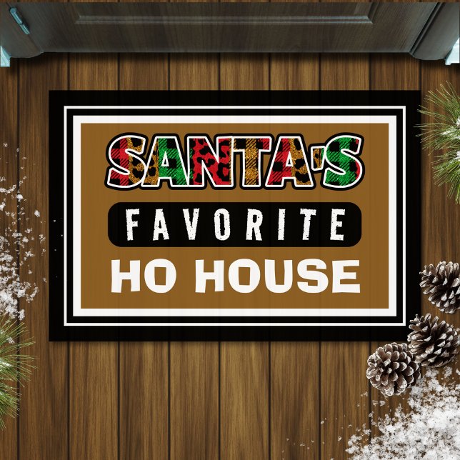 Plaid Santa's Favourite Ho House Funny Christmas Doormat (brown Christmas doormat with funny quote "Santa's favorite ho house")
