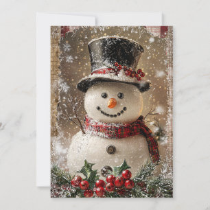 Plaid Scarf Snowman & Holly Charm Holiday Card
