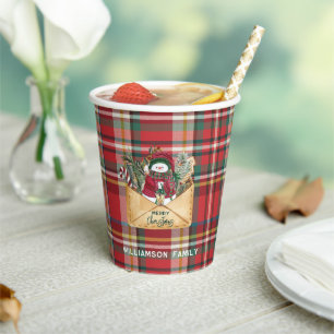 Plaid Script Christmas Custom Family Rustic Paper Paper Cups