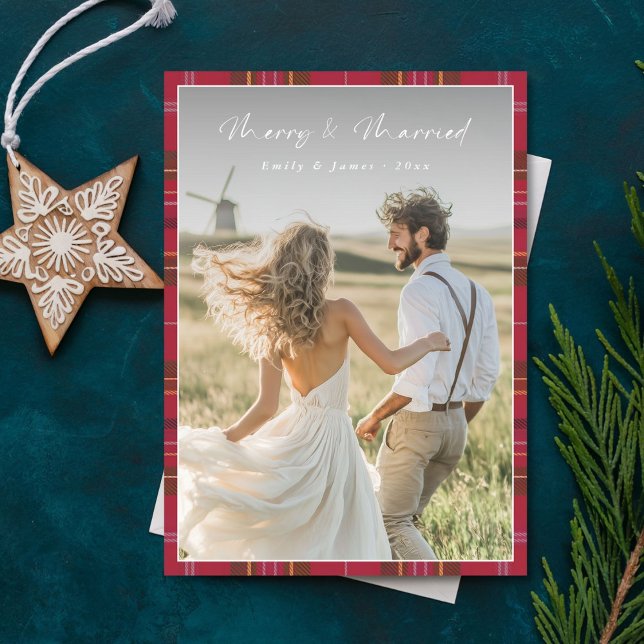 Plaid Script Merry & Married Newlywed Christmas Holiday Card (Creator Uploaded)