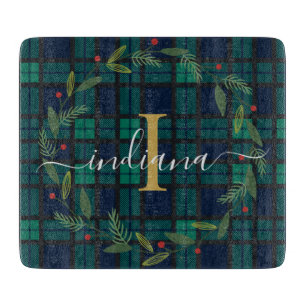 Plaid Script Monogram Botanical Wreath Tartan Cutting Board