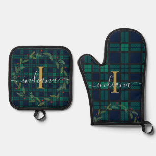 Plaid Script Monogram Botanical Wreath Tartan Oven Mitt & Pot Holder Set