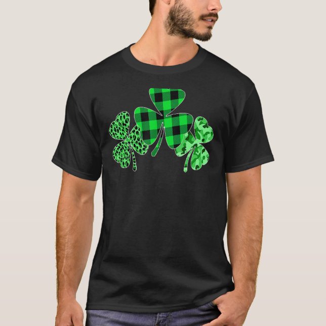 Plaid Shamrock  Leopard Camouflage Fun St Patricks T-Shirt (Front)
