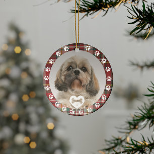 Plaid Shih Tzu Dog Pet Photo Christmas Holiday Ceramic Tree Decoration