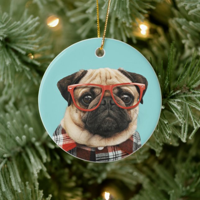 Plaid Shirt Pug Ceramic Tree Decoration (Tree)