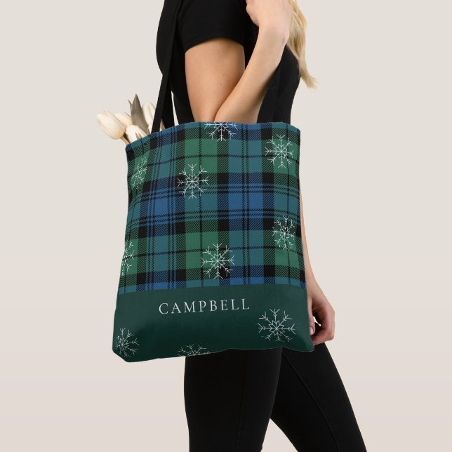 Plaid Snowflake Green Blue Pattern Campbell Tartan Tote Bag (Close Up)