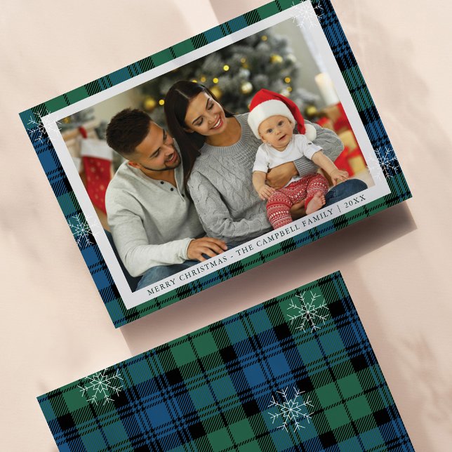 Plaid Snowflakes Family Photo Campbell Tartan Holiday Card (Plaid Campbell Tartan Family Photo Greetings Card)
