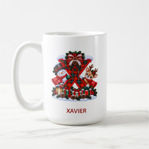Plaid Snowman Reindeer Letter X Christmas Coffee Mug