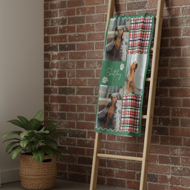 Plaid Stripe Squiggle Pet Four Photo Grid Fleece Blanket (Cozy up with this Plaid Stripe Squiggle Pet Four Photo Grid Fleece Blanket!)