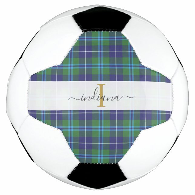 Plaid Tartan Classic Monogram Script Name Soccer Ball (Front)