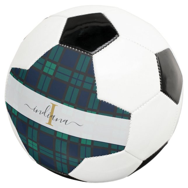 Plaid Tartan Classic Monogram Script Name Soccer Ball (Three Quarter)
