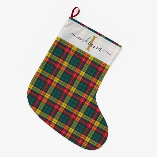 Plaid Tartan Green Red Pattern Christmas Holidays Large Christmas Stocking (Front (Hanging))