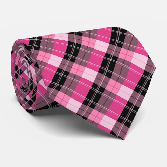 Plaid / tartan  pattern pink and black tie (Rolled)