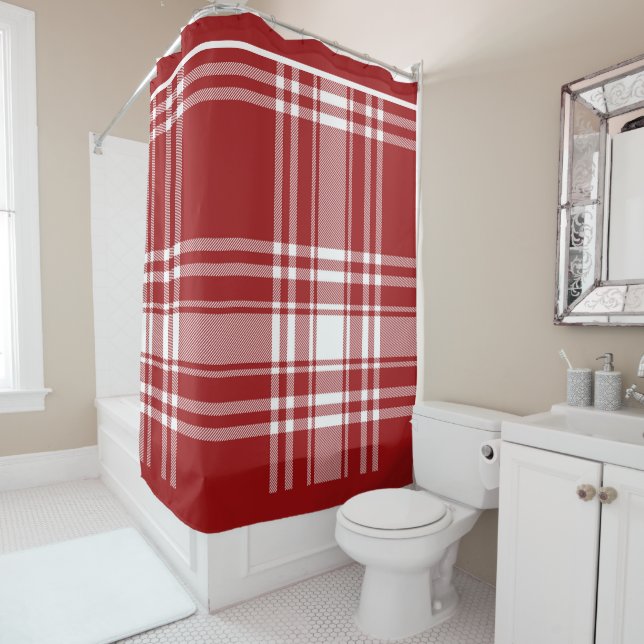 Plaid Tartan Red White Holiday Seasonal Christmas Shower Curtain (In Situ)