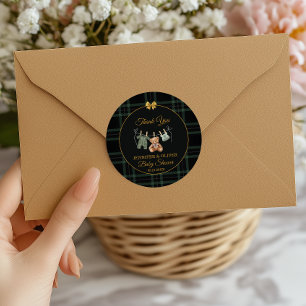 Plaid Teddy Bear Baby Shower Thank You Gold Bow Classic Round Sticker