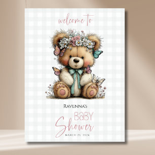Plaid Teddy Butterfly Daisy Baby Shower Welcome Poster