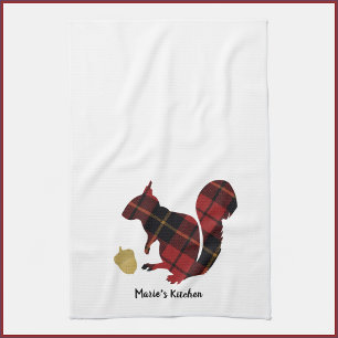 Plaid Texture Red and Gold Squirrel and Acorn Tea Towel