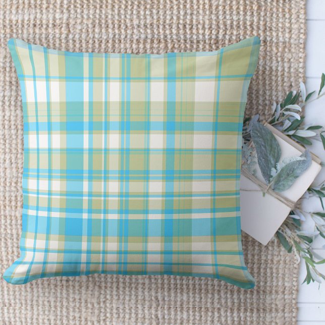 Plaid ThrowPillows | Decorative Pillows For Couch (throw pillow farmhouse pillows country plaid throw pillow aqua blue, spring green and white)