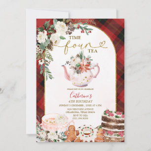 Plaid Time Four Tea Party Christmas 4th Birthday Invitation