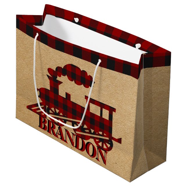 Plaid train personalised  large gift bag (Front Angled)