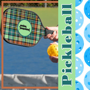 Plaid Turquoise Grey Orange MInt Green Personalise Pickleball Paddle