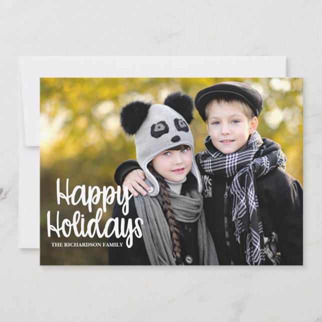 Plaid Typography Big Photo Holiday Flat Card (Front)