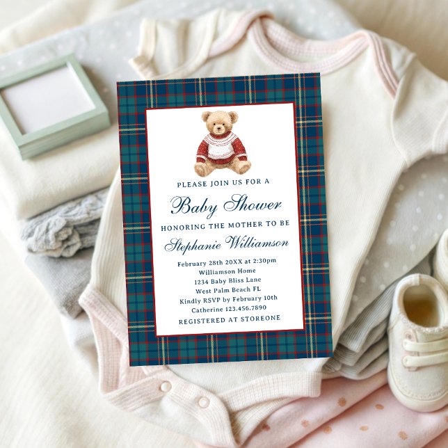 Plaid Vintage Teddy Bear Christmas Baby Shower Invitation (Creator Uploaded)
