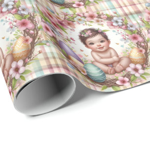 Plaid Watercolor Floral Baby First Easter Wrapping Paper