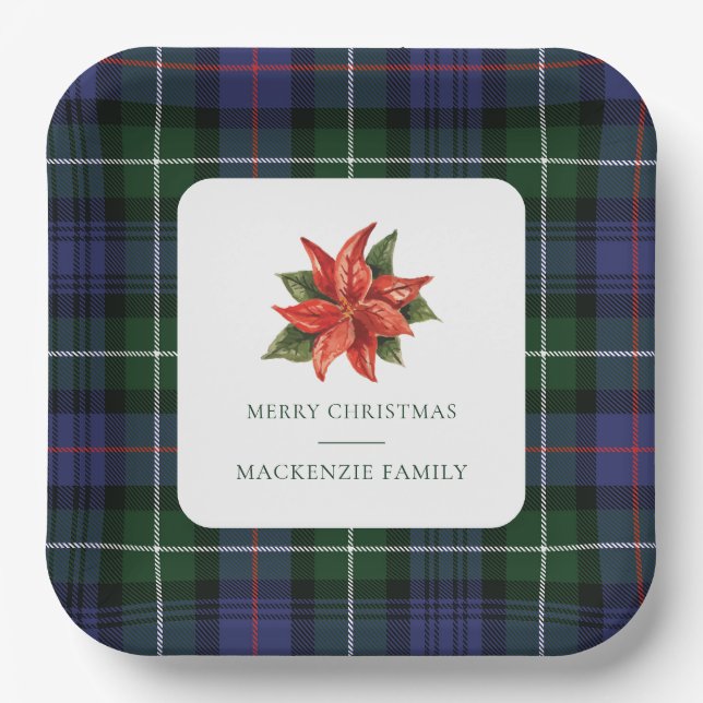 Plaid Watercolor Floral Rustic Christmas Tartan Paper Plate (Front)