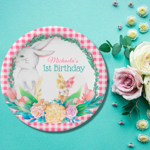 Plaid Watercolor Floral Wreath Easter Paper Plate