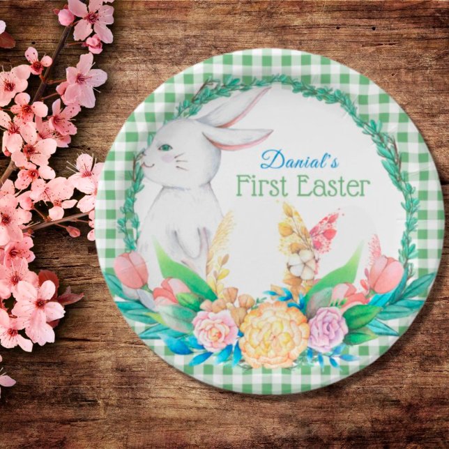 Plaid Watercolor Floral Wreath First Easter Paper Plate (Creator Uploaded)