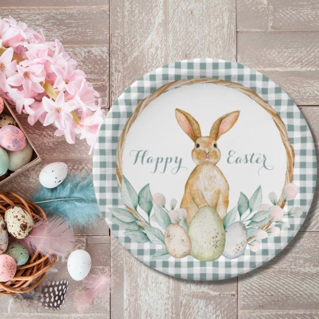 Plaid Watercolor Floral Wreath Happy Easter Bunny Paper Plate (Creator Uploaded)