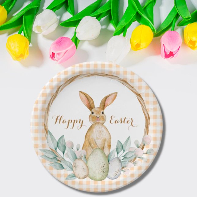Plaid Watercolor Floral Wreath Happy Easter Paper Plate (Creator Uploaded)